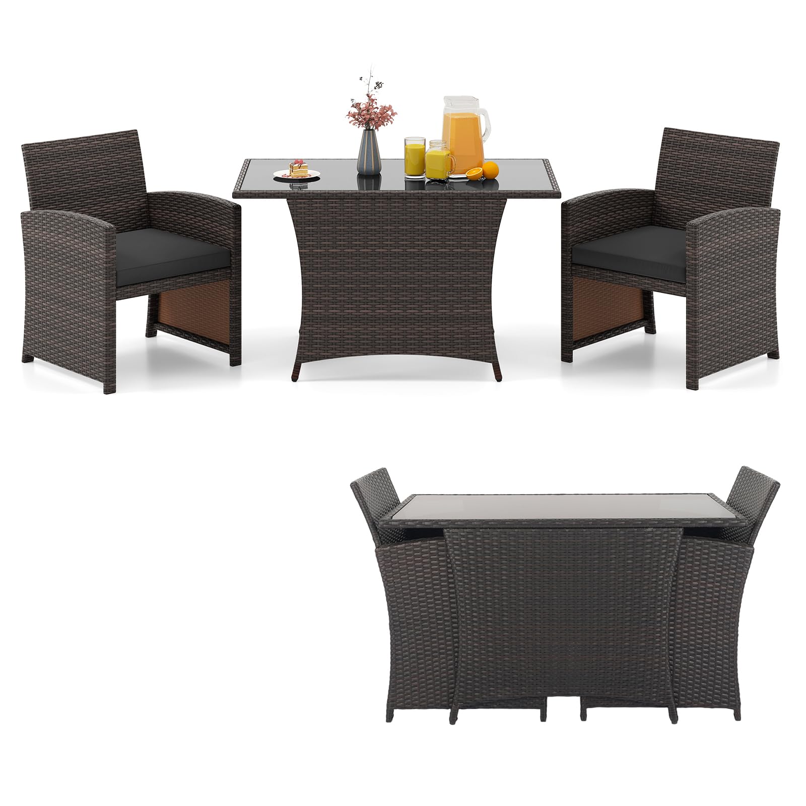 Tangkula 3 Piece Patio Wicker Dining Set